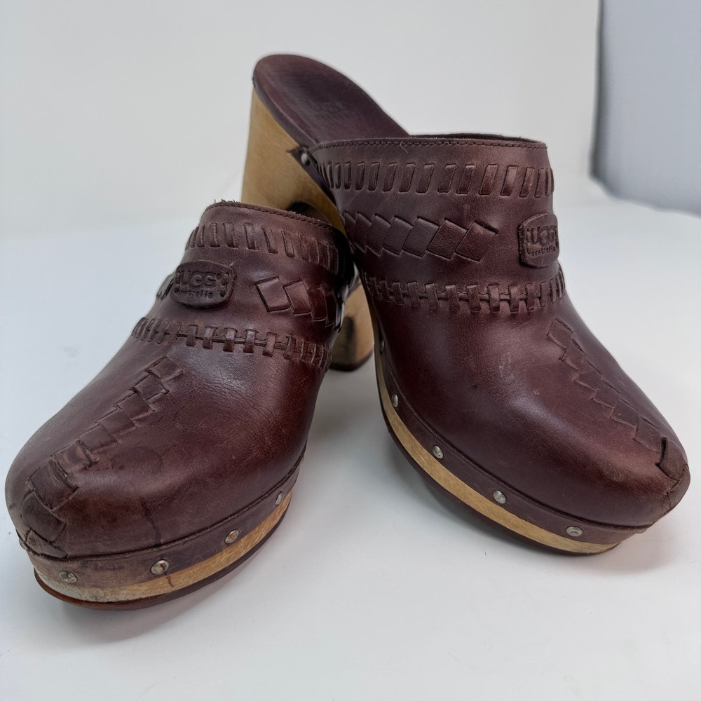 UGG Brown Leather Studded Clogs Women's 7 Wooden Heel on Sheepskin Lining